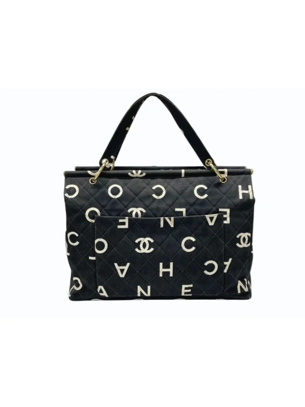 Chanel By Sea Line Tote Bag CC Logo Icon Cotton Canvas Black Gold